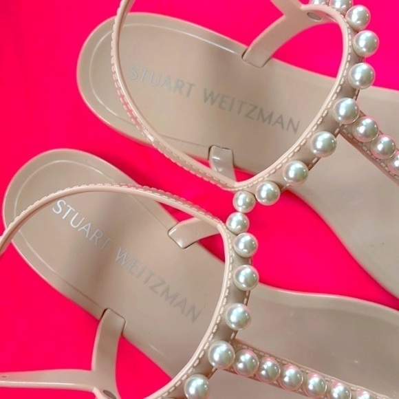 Brand New Stuart Weitzman Goldie Pearly Stud Jelly Sandals Ankle Strap Neutral - Picture 5 of 12